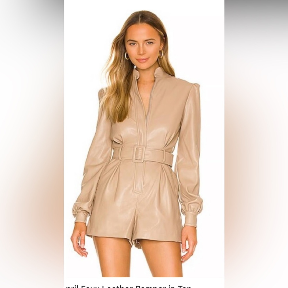 SAU LEE April Faux Leather Romper in Tan